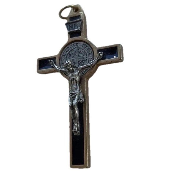 Vintage Ebony Inlay Crucifix Pendant 3" Jesus Christ Pectoral cross Pendant - Picture 1 of 9